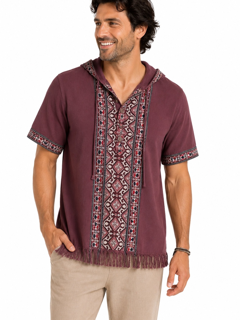 💗5 for $25💗 Earthbound Men's Short Sleeve Hooded Shirt Burgundy Ethnic Aztec